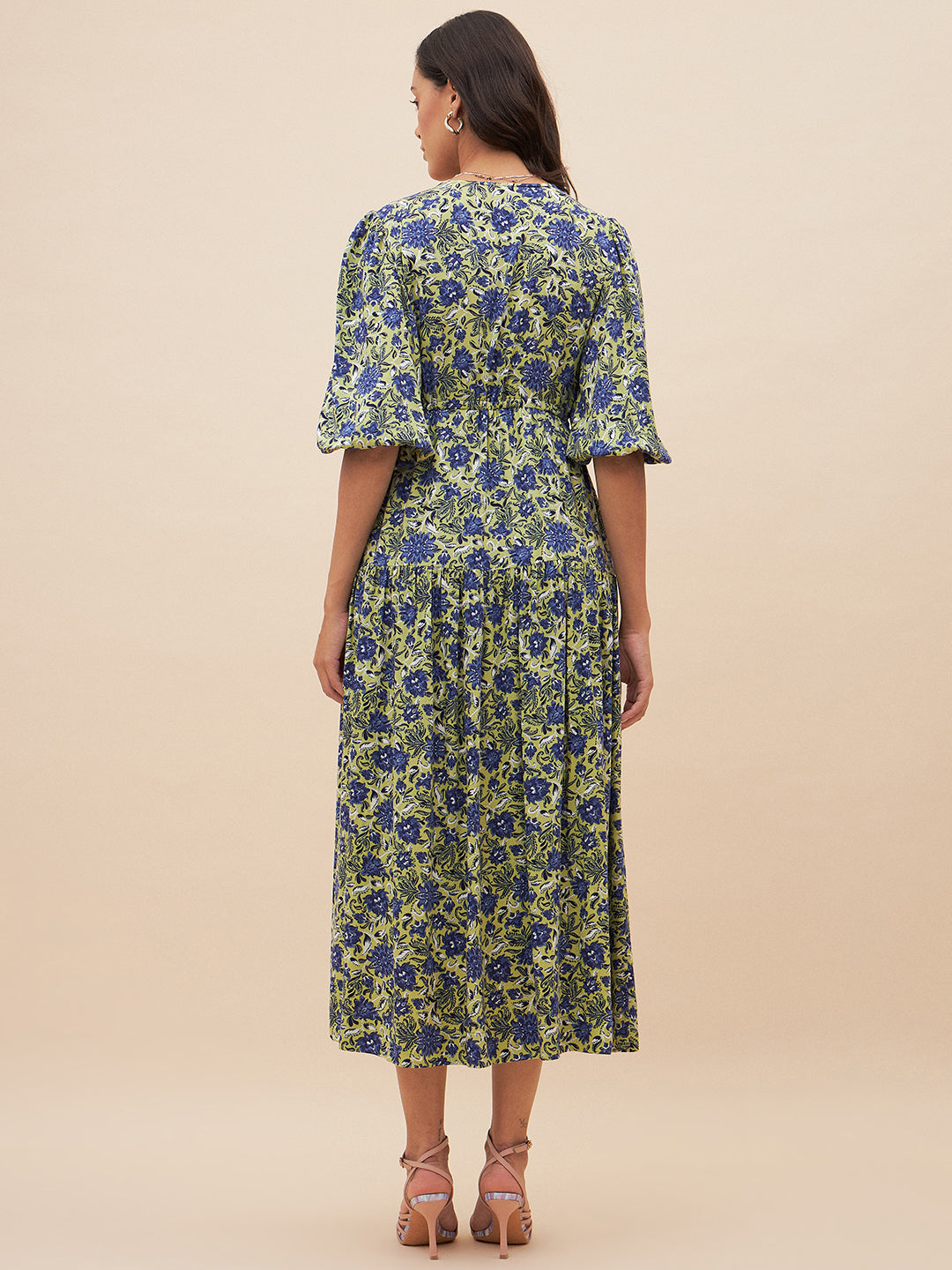 Blue And Green Floral Slit Maxi Dress