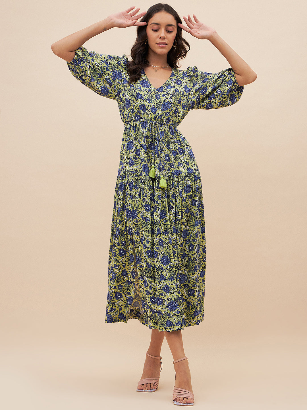 Blue And Green Floral Slit Maxi Dress