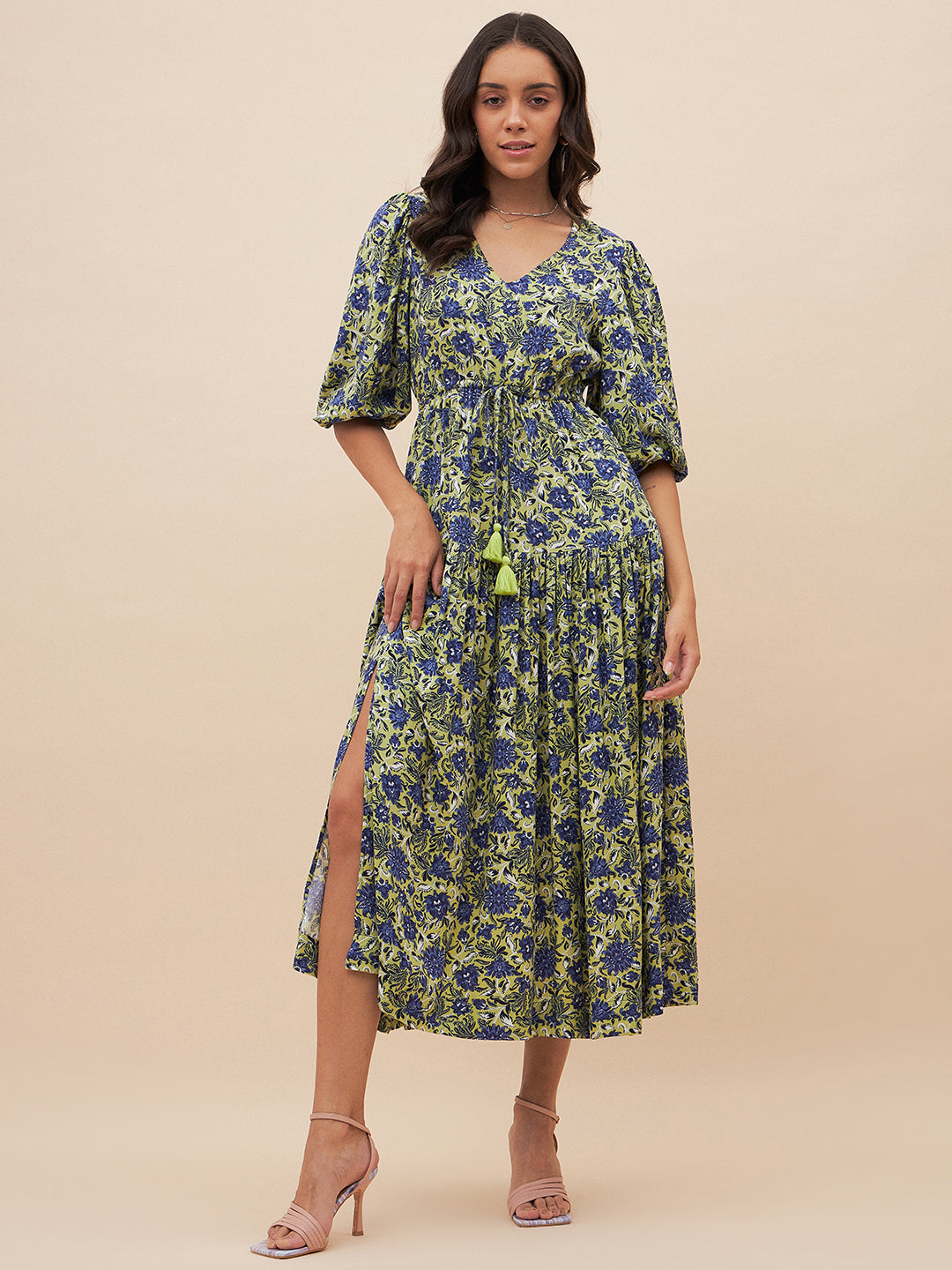 Blue And Green Floral Slit Maxi Dress