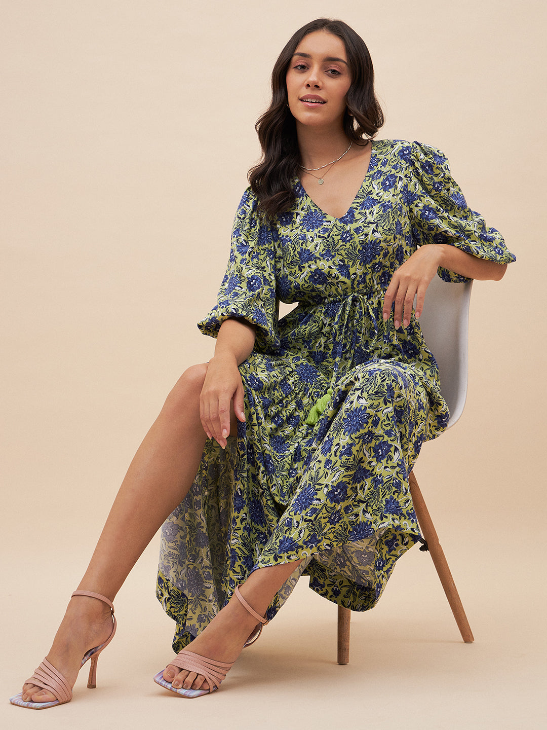 Blue And Green Floral Slit Maxi Dress