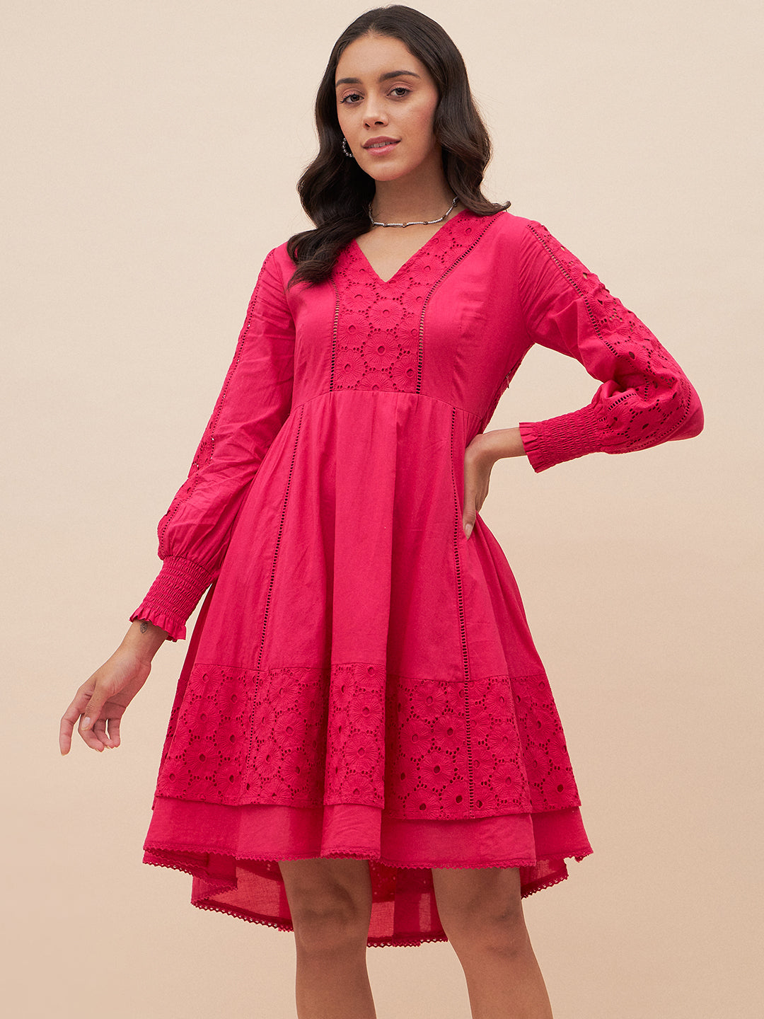 Pink V Neck Tiered Mini Dress