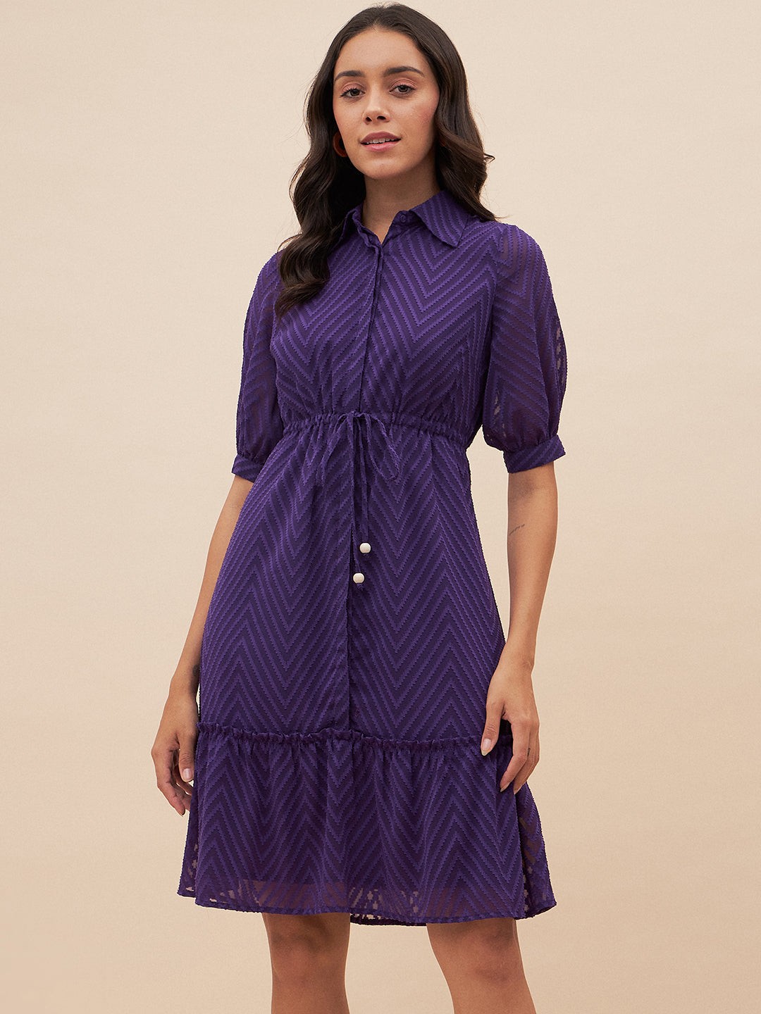 Purple Chevron Dobby Drawstring Detail Knee Length Dress