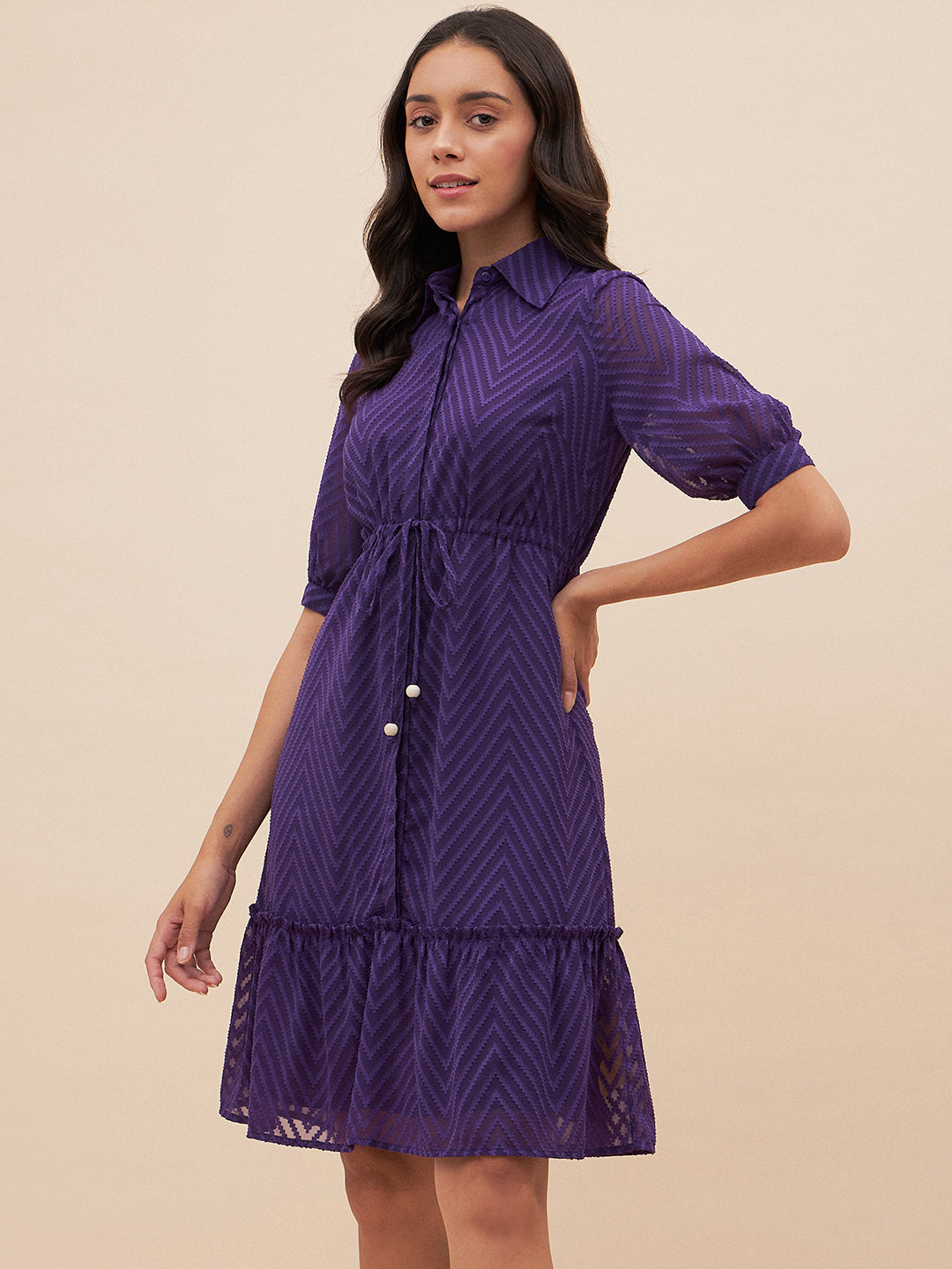 Purple Chevron Dobby Drawstring Detail Knee Length Dress