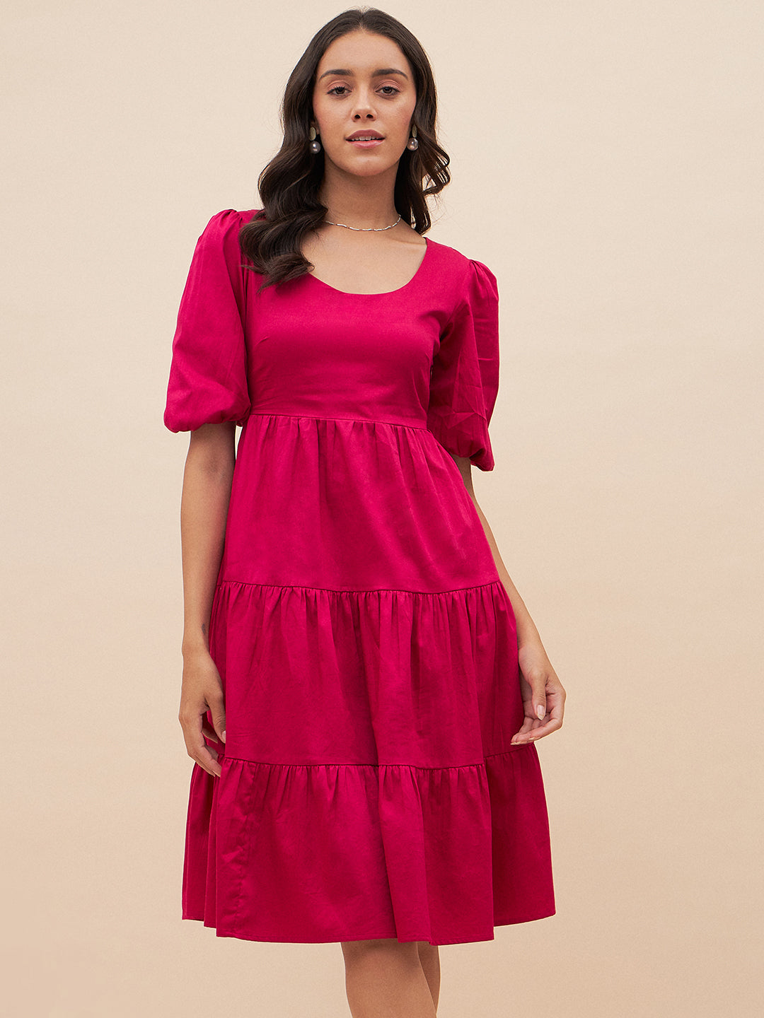Pink Solid Back Bow Detail Midi Dress