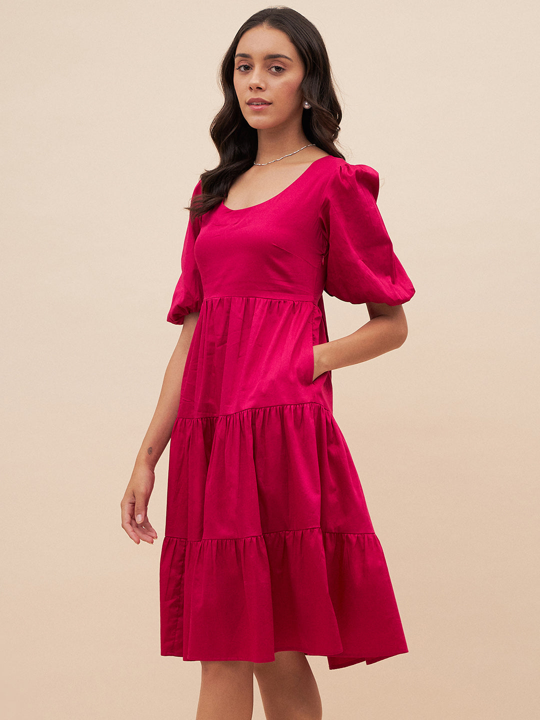 Pink Solid Back Bow Detail Midi Dress