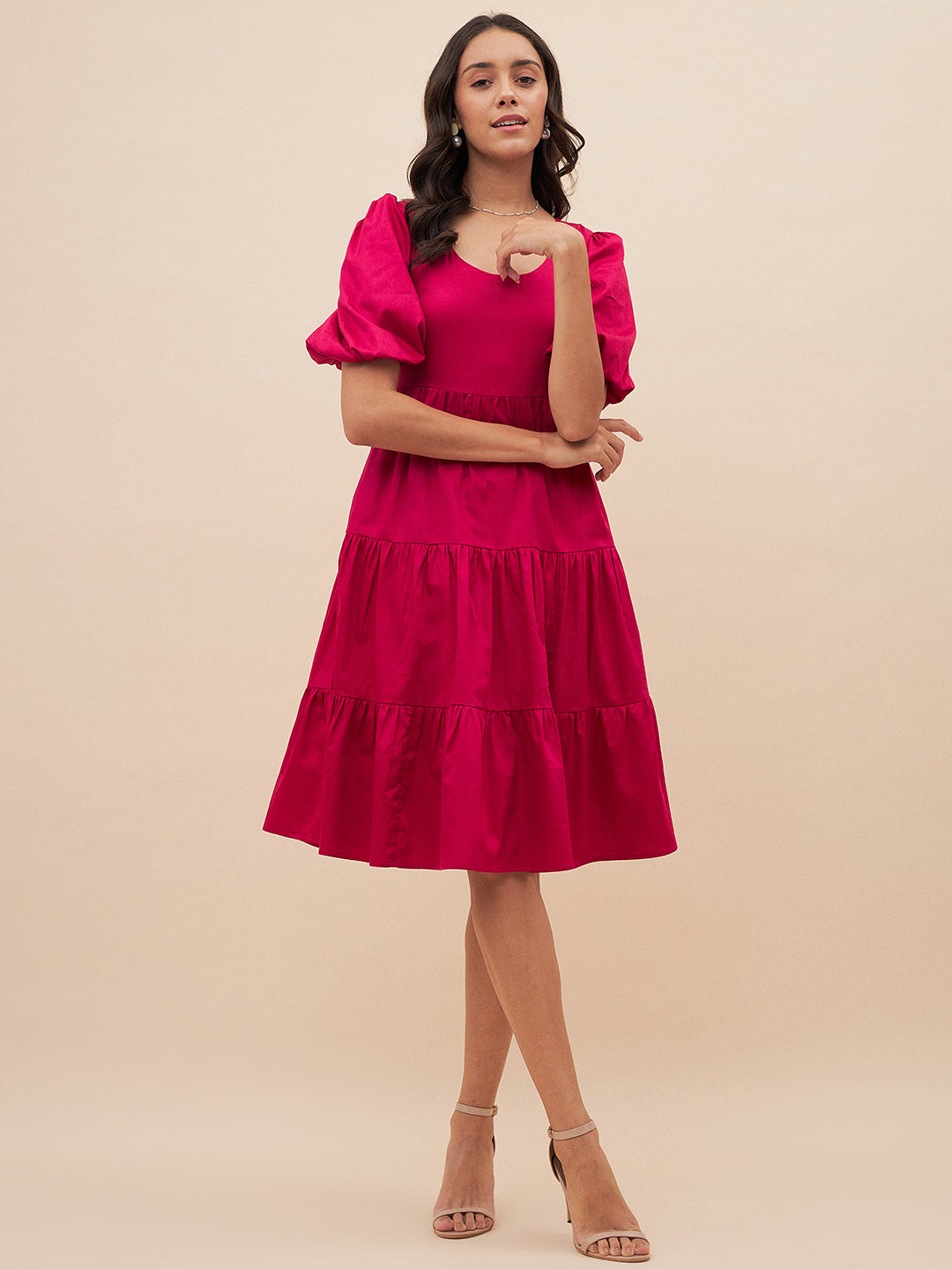 Pink Solid Back Bow Detail Midi Dress