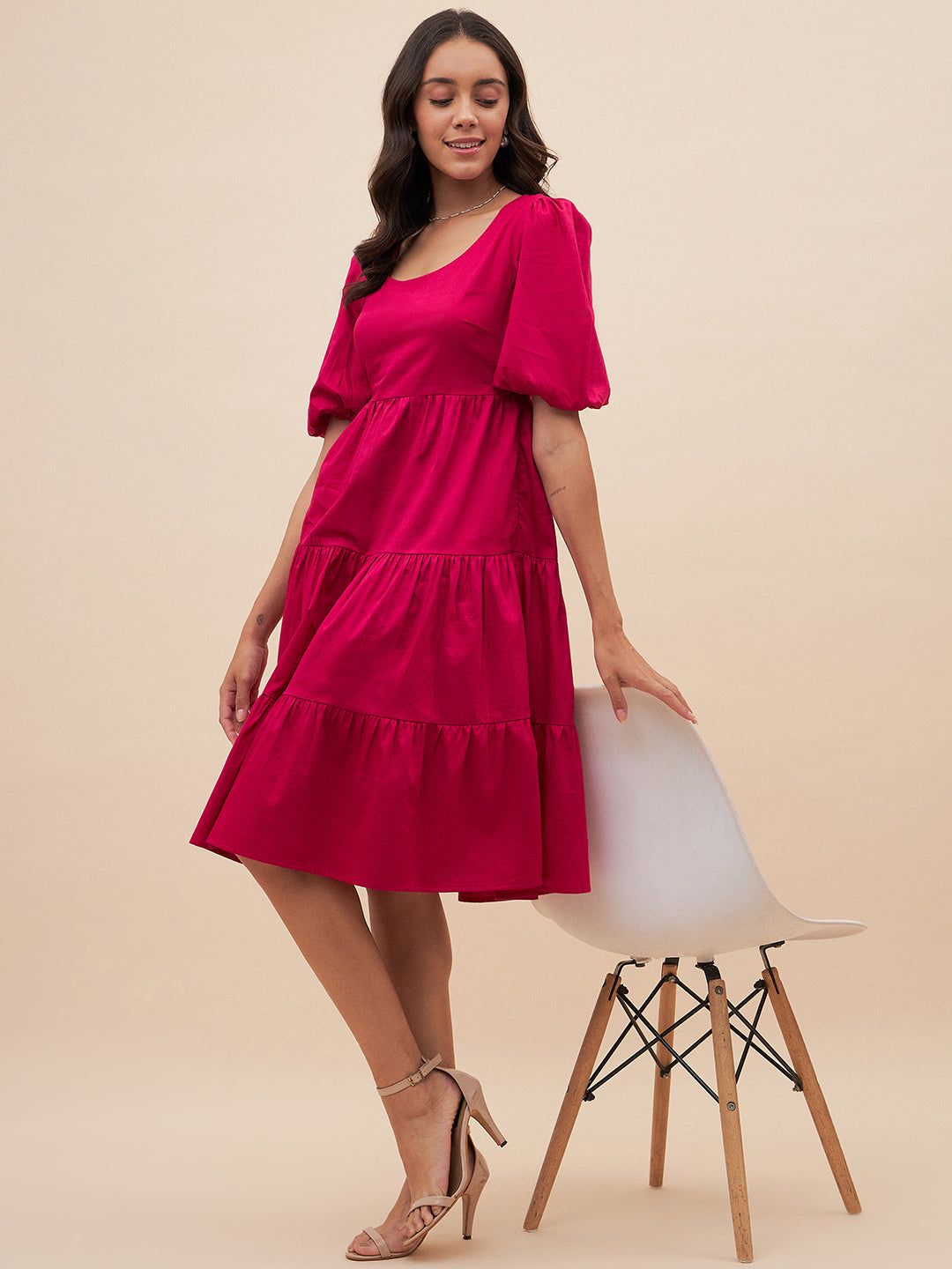 Pink Solid Back Bow Detail Midi Dress