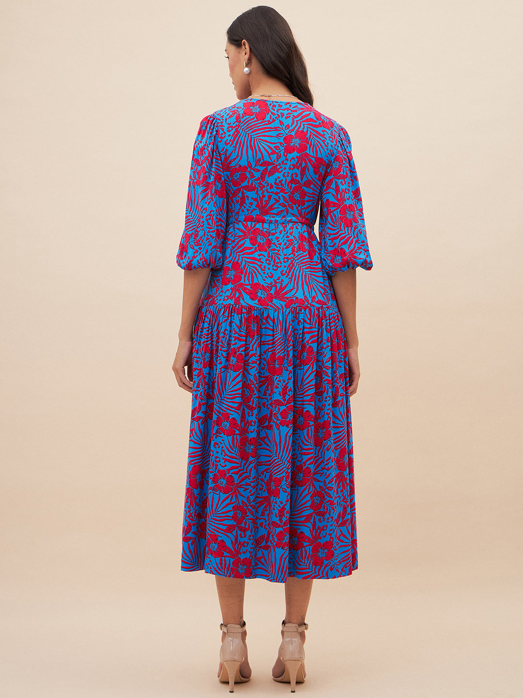 Blue And Red Floral Slit Maxi Dress