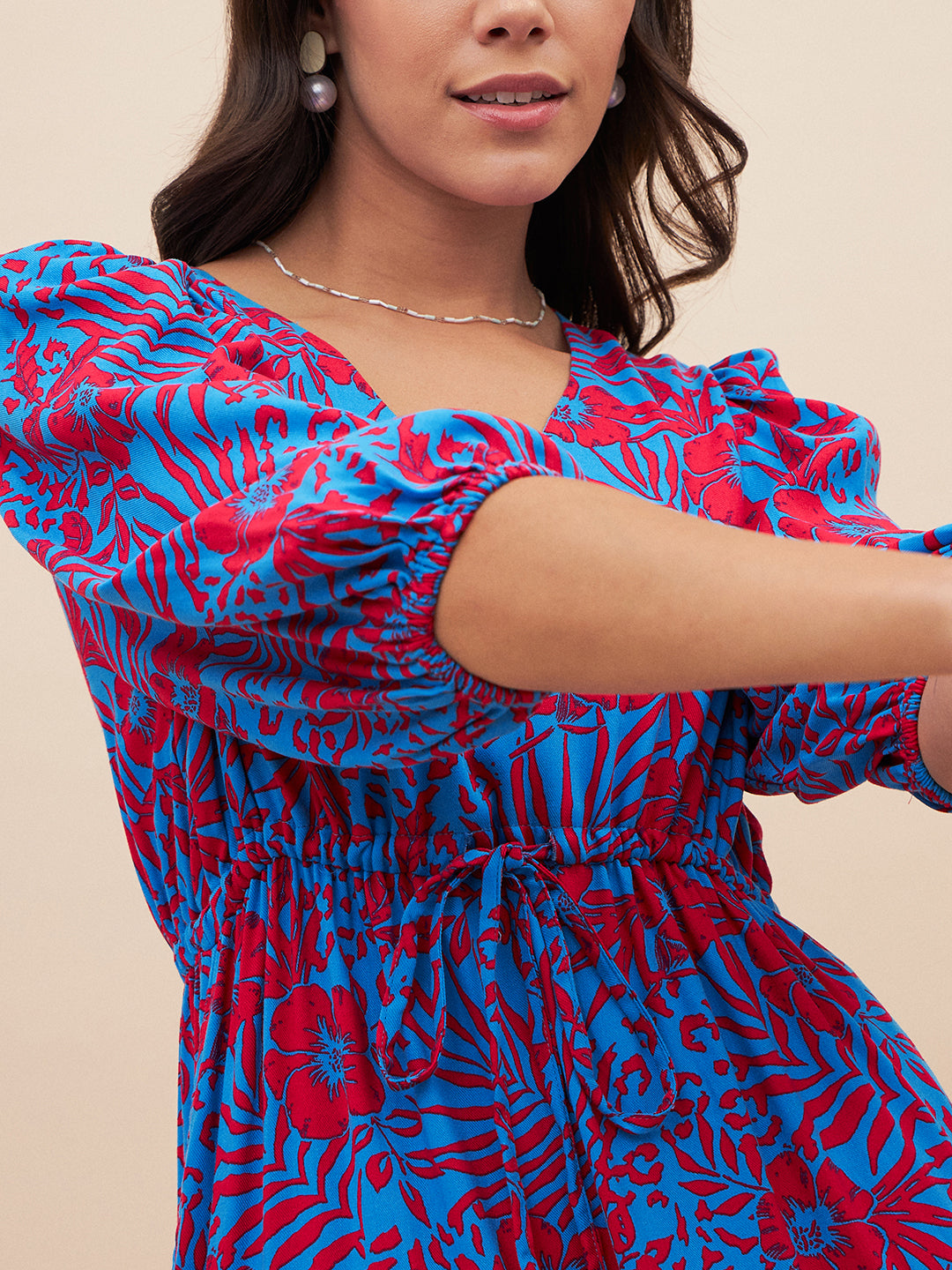 Blue And Red Floral Slit Maxi Dress