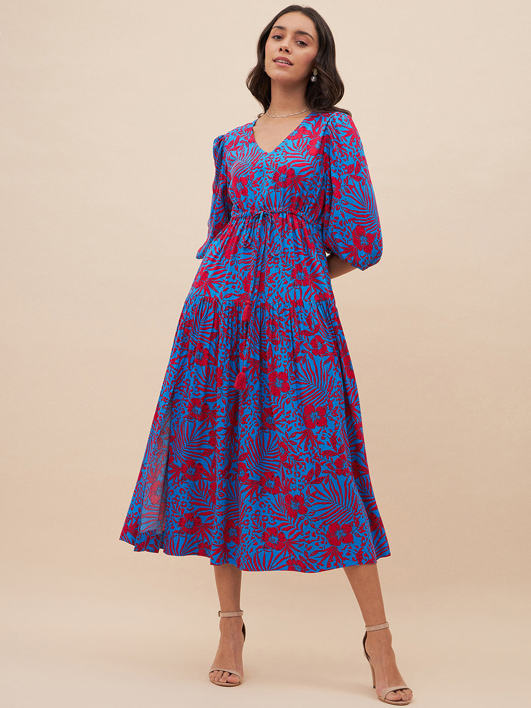 Blue And Red Floral Slit Maxi Dress