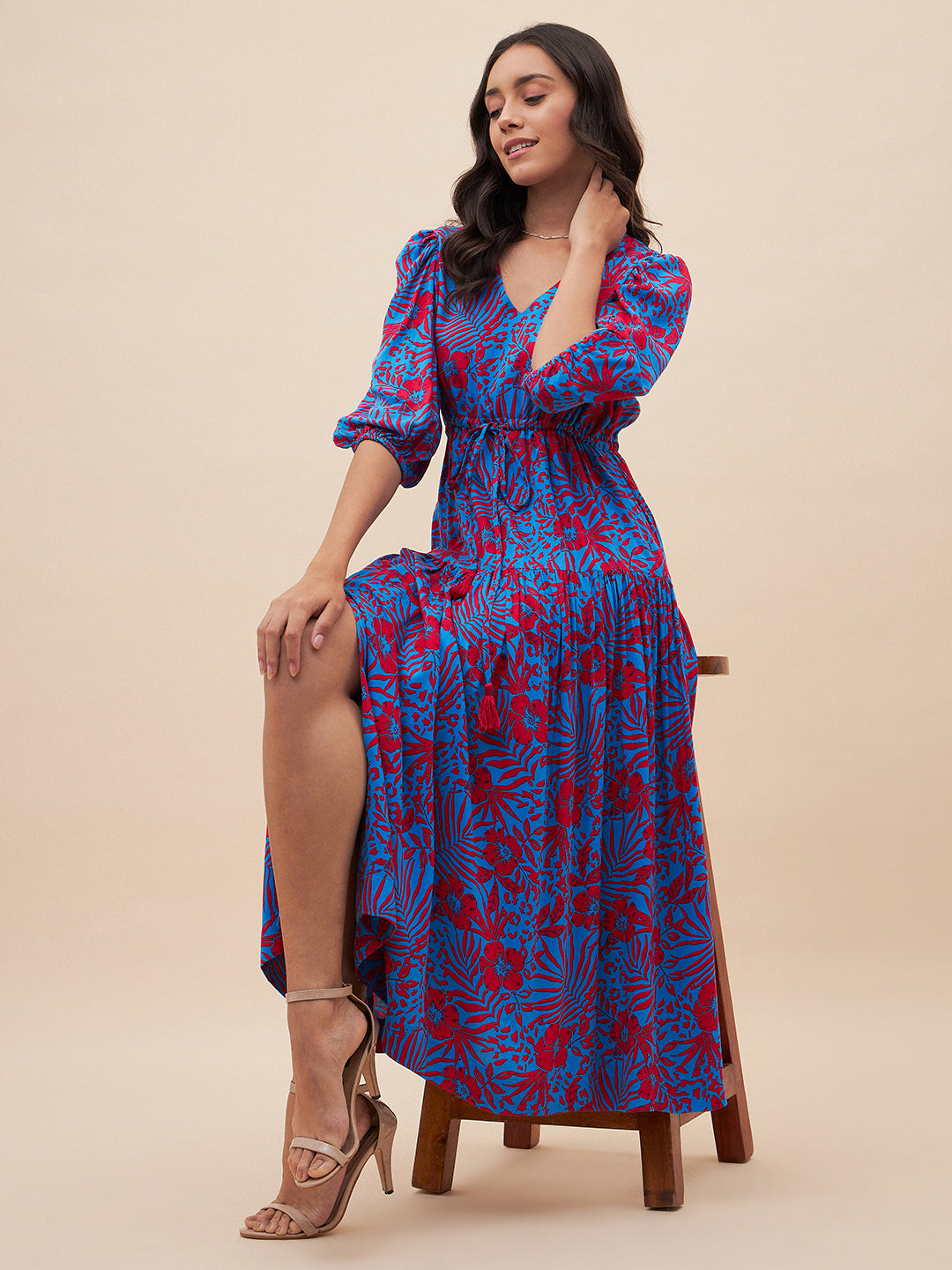 Blue And Red Floral Slit Maxi Dress