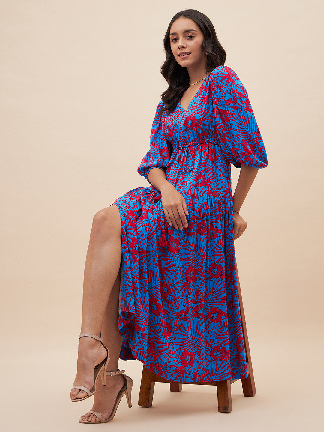 Blue And Red Floral Slit Maxi Dress