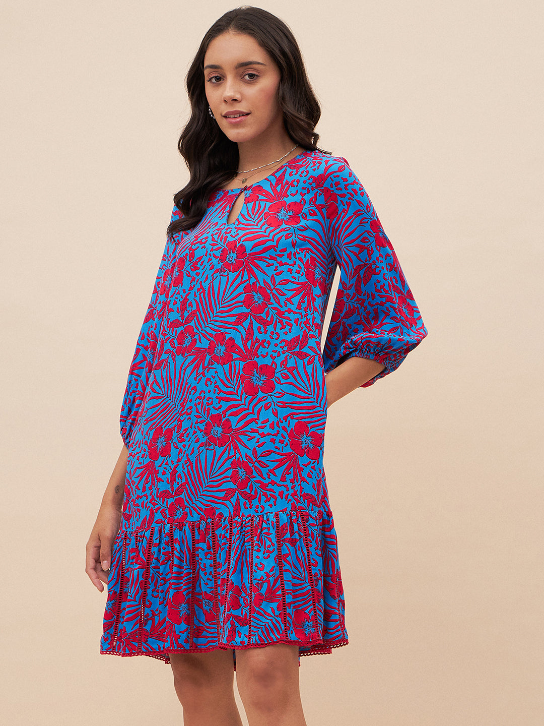 Blue And Red Floral Lace Mini Dress