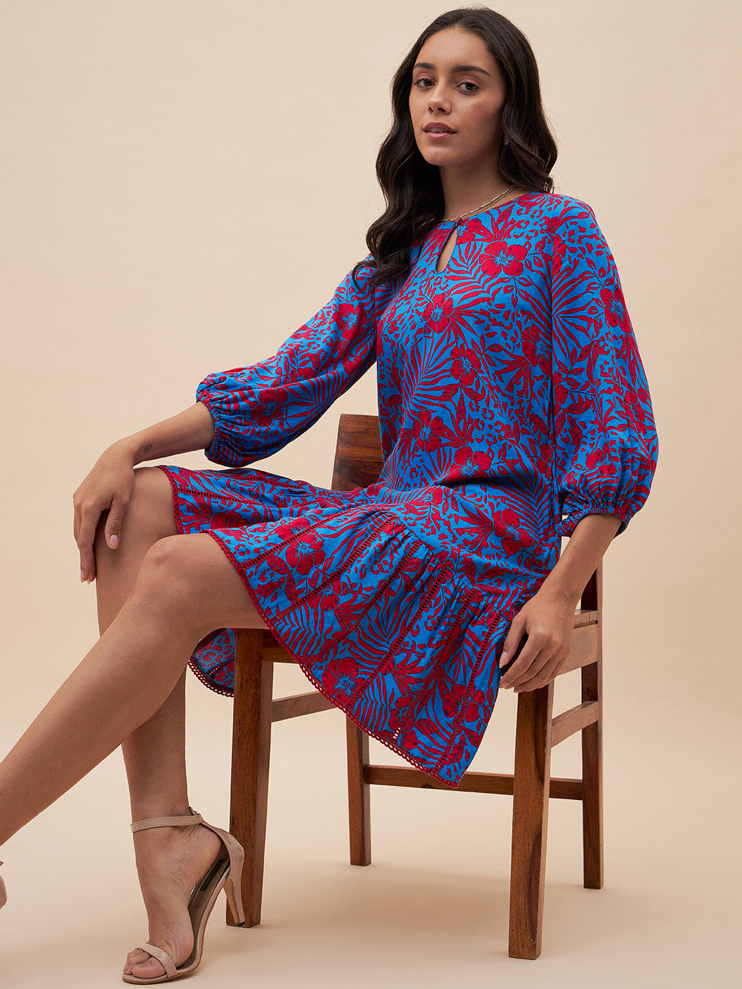 Blue And Red Floral Lace Mini Dress