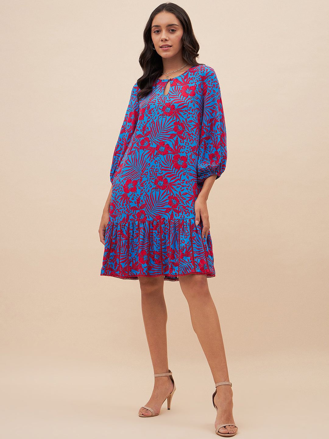 Blue And Red Floral Lace Mini Dress
