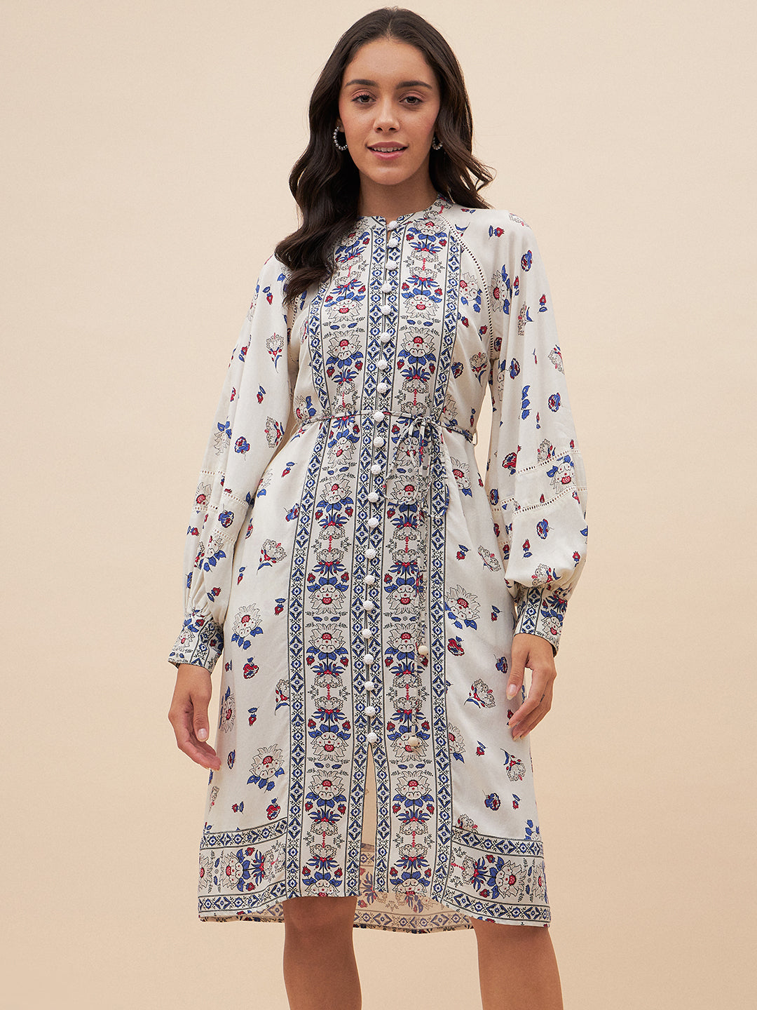 Off White Border Print Belted Midi Dress