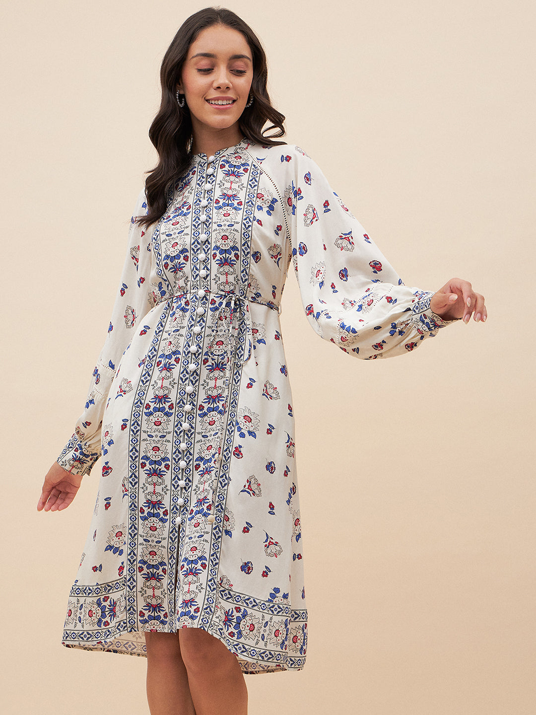 Off White Border Print Belted Midi Dress