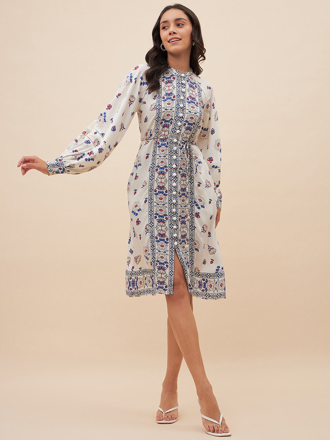 Off White Border Print Belted Midi Dress