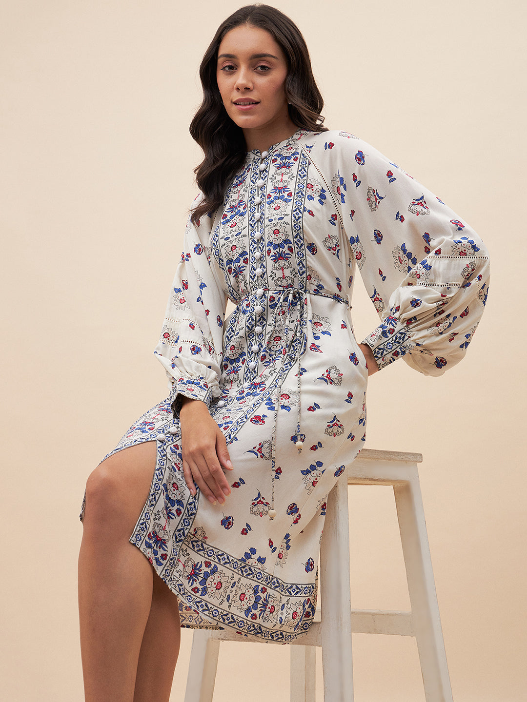Off White Border Print Belted Midi Dress