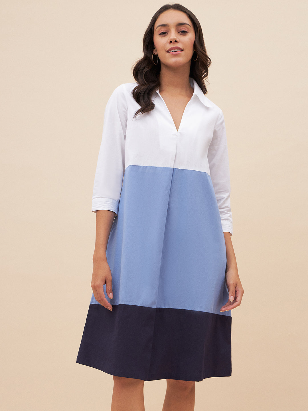 White And Blue Colorblock Midi Dress