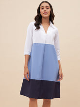 White And Blue Colorblock  Midi Dress