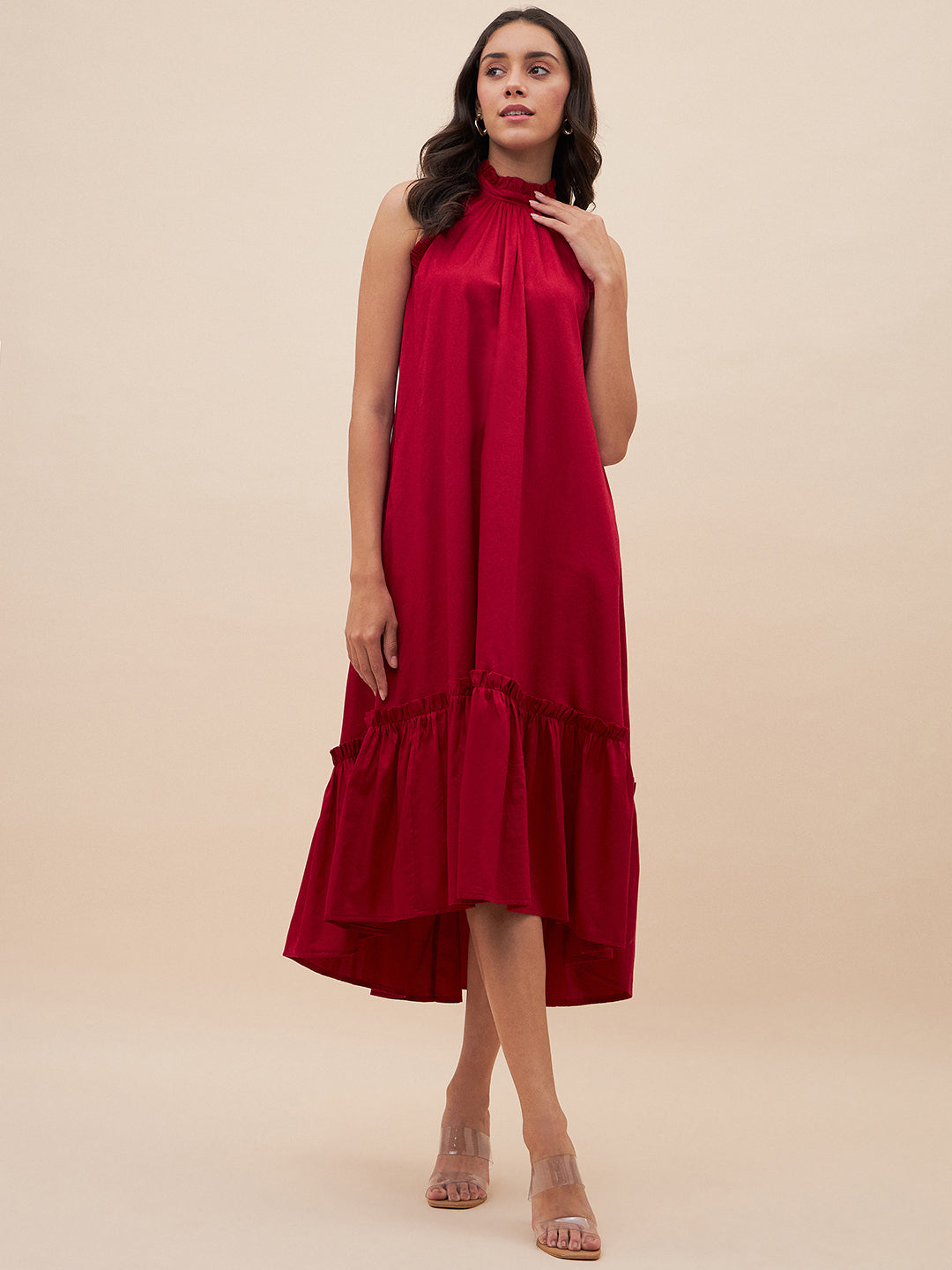 Red Cotton Tiered Maxi Dress