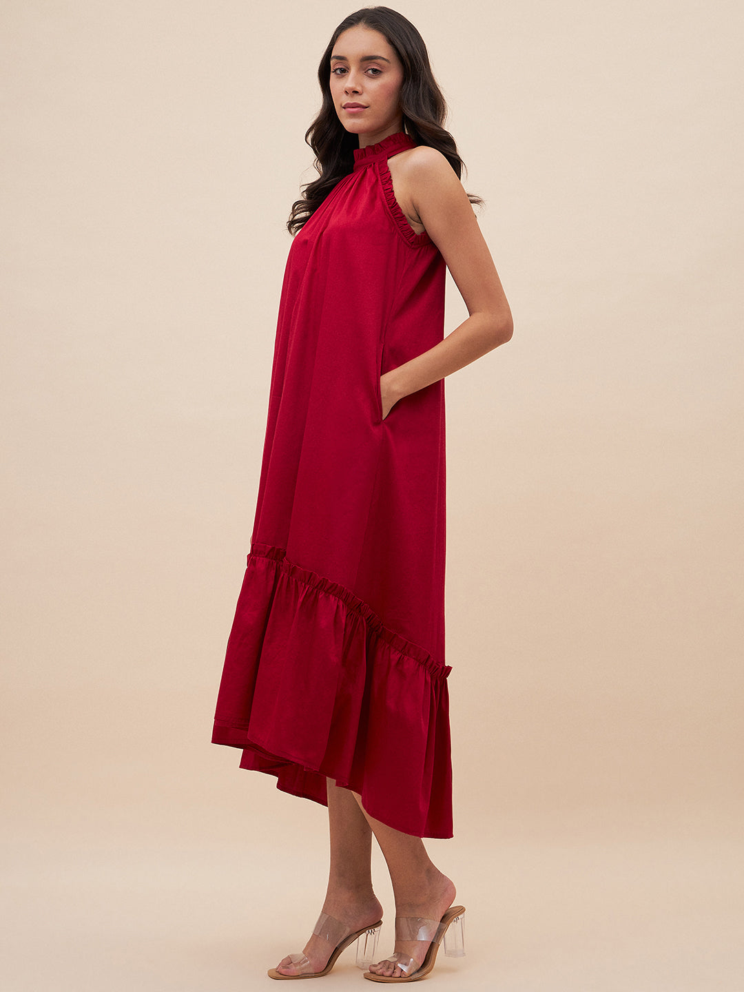 Red Cotton Tiered Maxi Dress