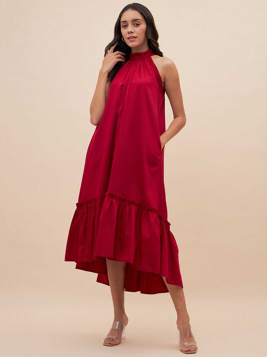Red Cotton Tiered Maxi Dress