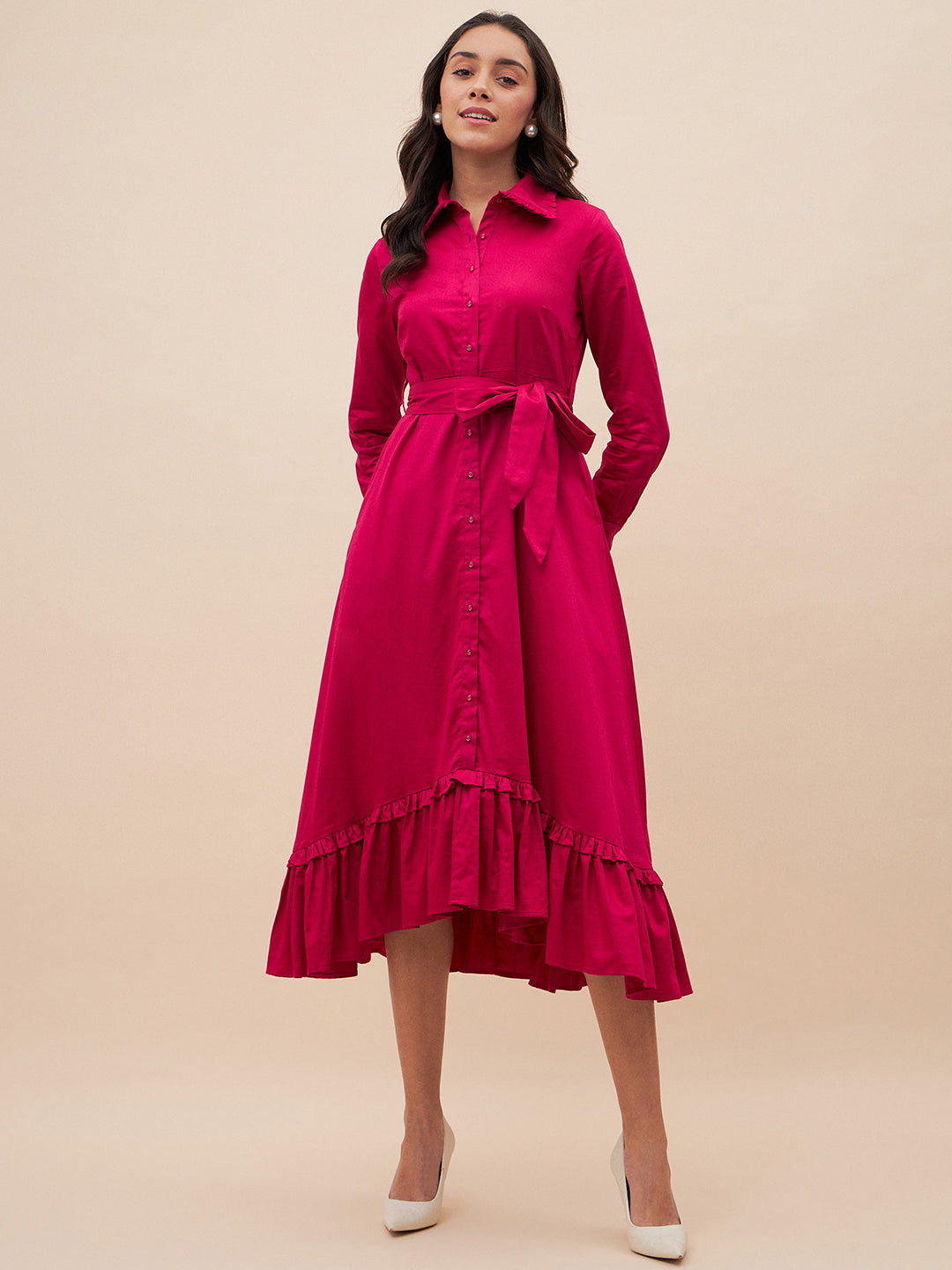 Pink Solid Belted High Low Maxi Dress