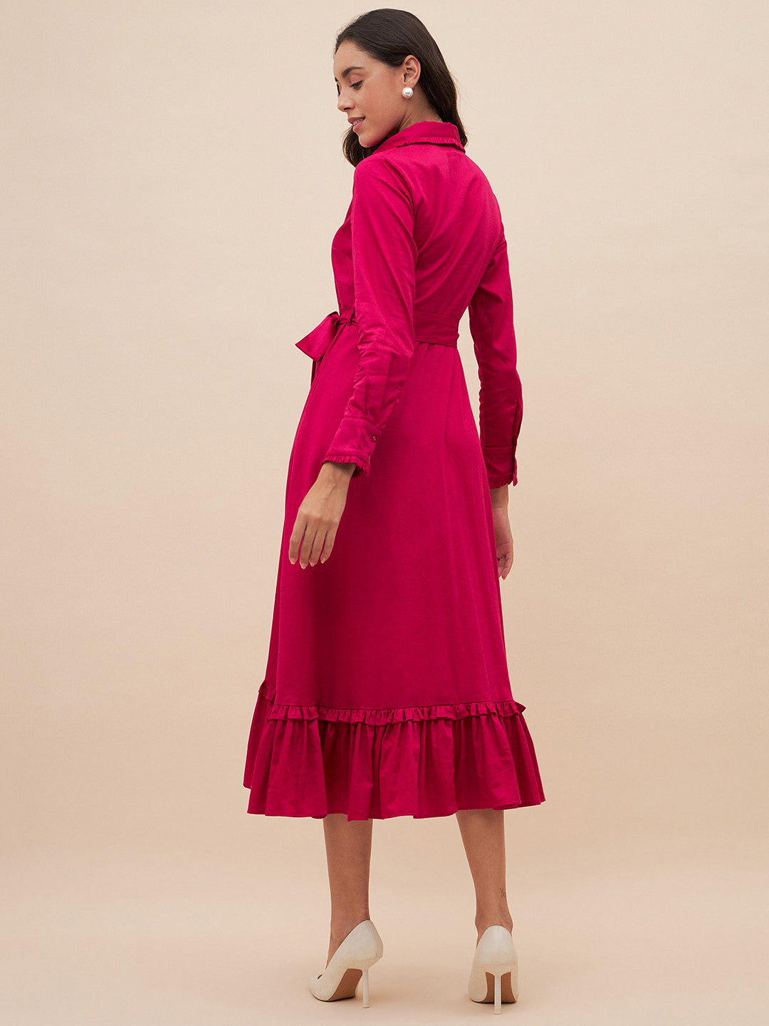 Pink Solid Belted High Low Maxi Dress
