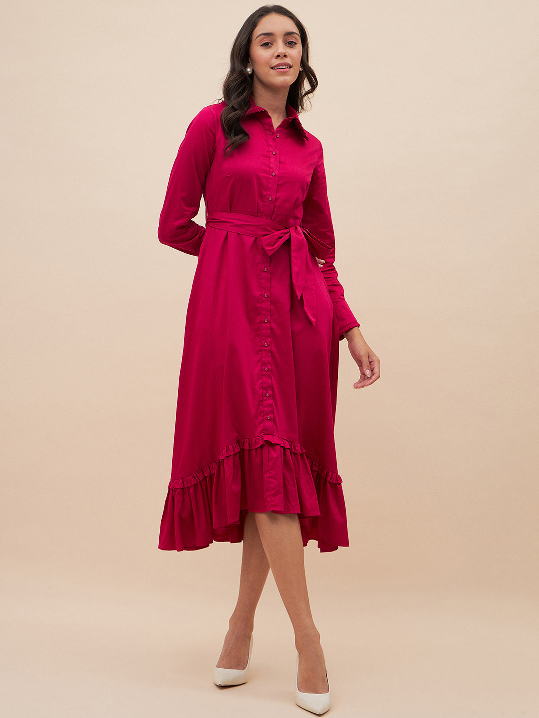 Pink Solid Belted High Low Maxi Dress