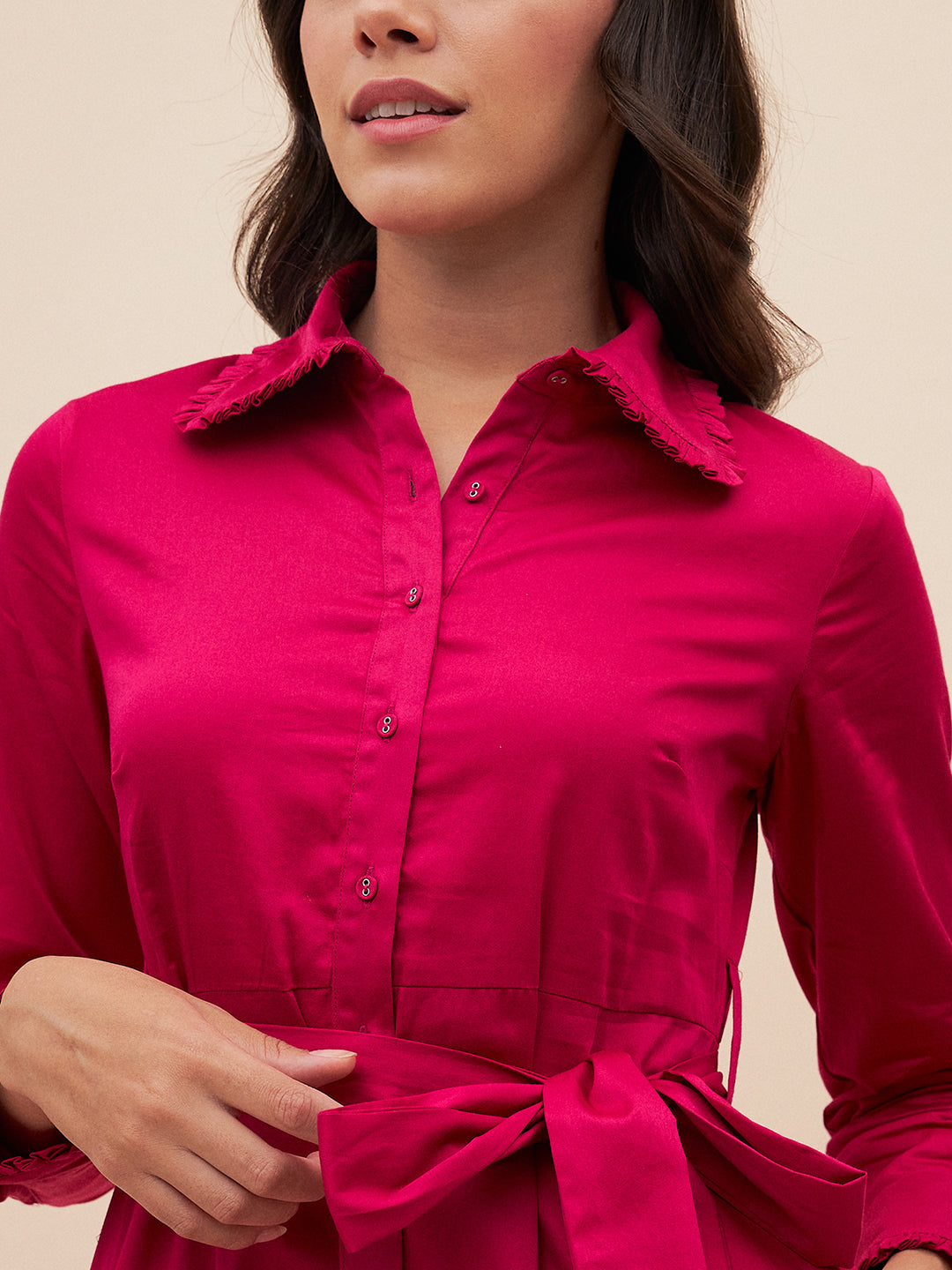 Pink Solid Belted High Low Maxi Dress