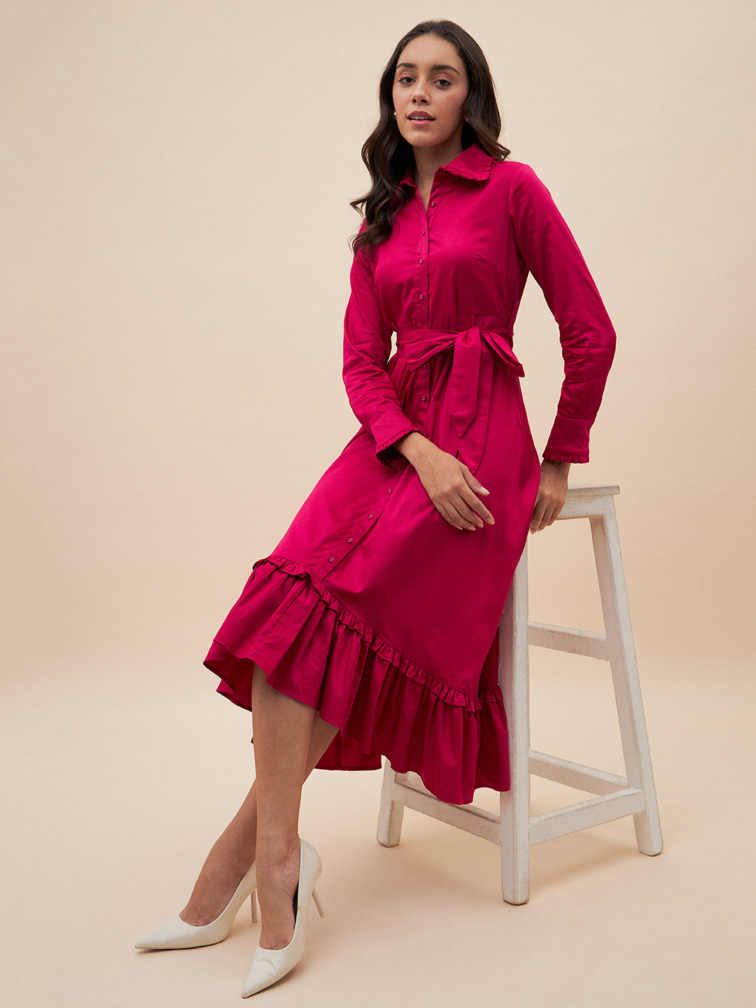 Pink Solid Belted High Low Maxi Dress