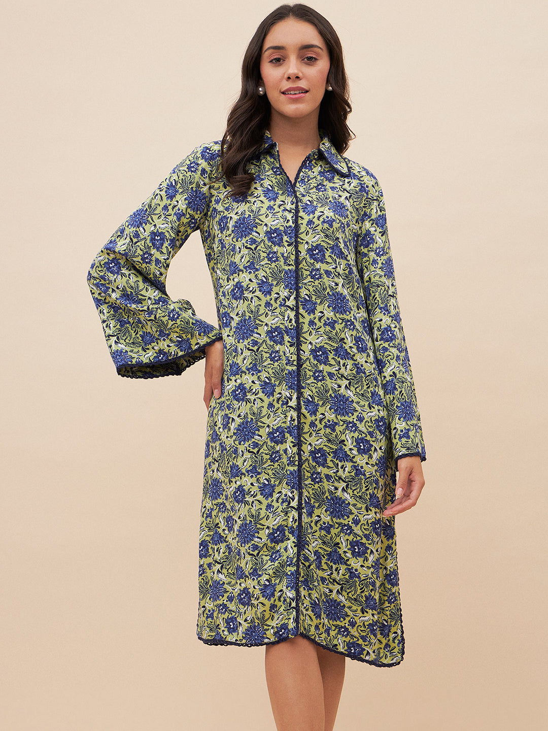 Green & Blue Floral Print Shirt Dress