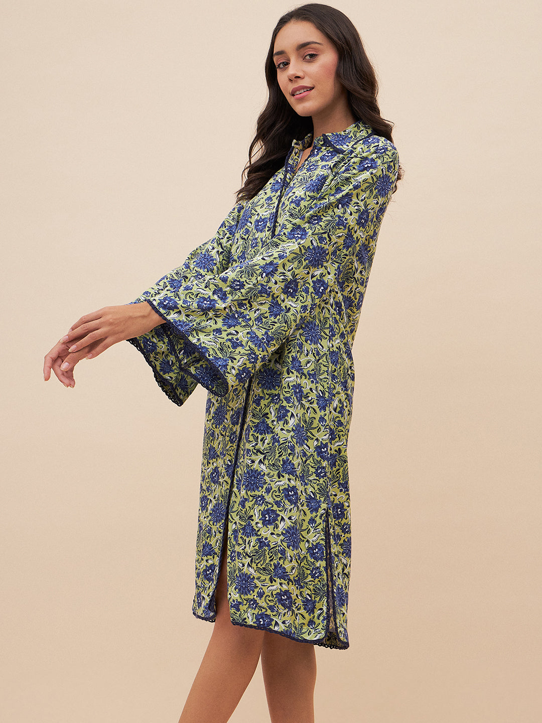 Green & Blue Floral Print Shirt Dress