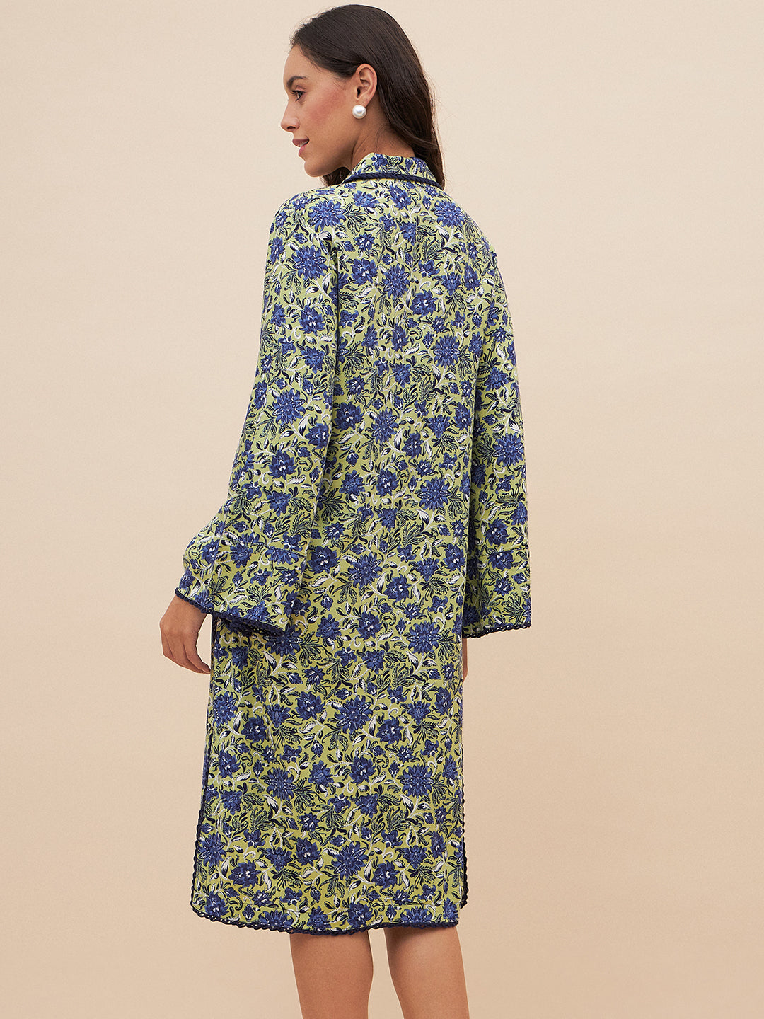 Green & Blue Floral Print Shirt Dress