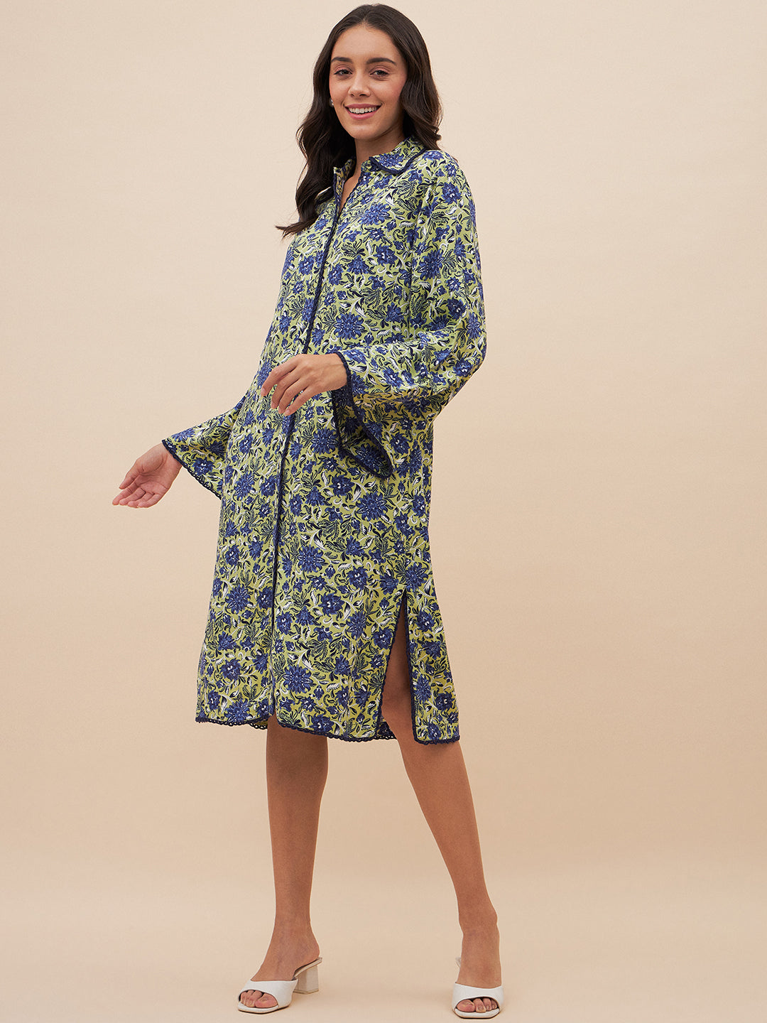 Green & Blue Floral Print Shirt Dress