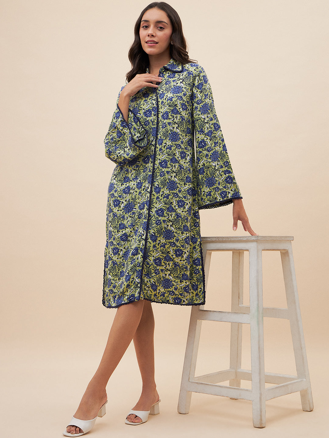 Green & Blue Floral Print Shirt Dress