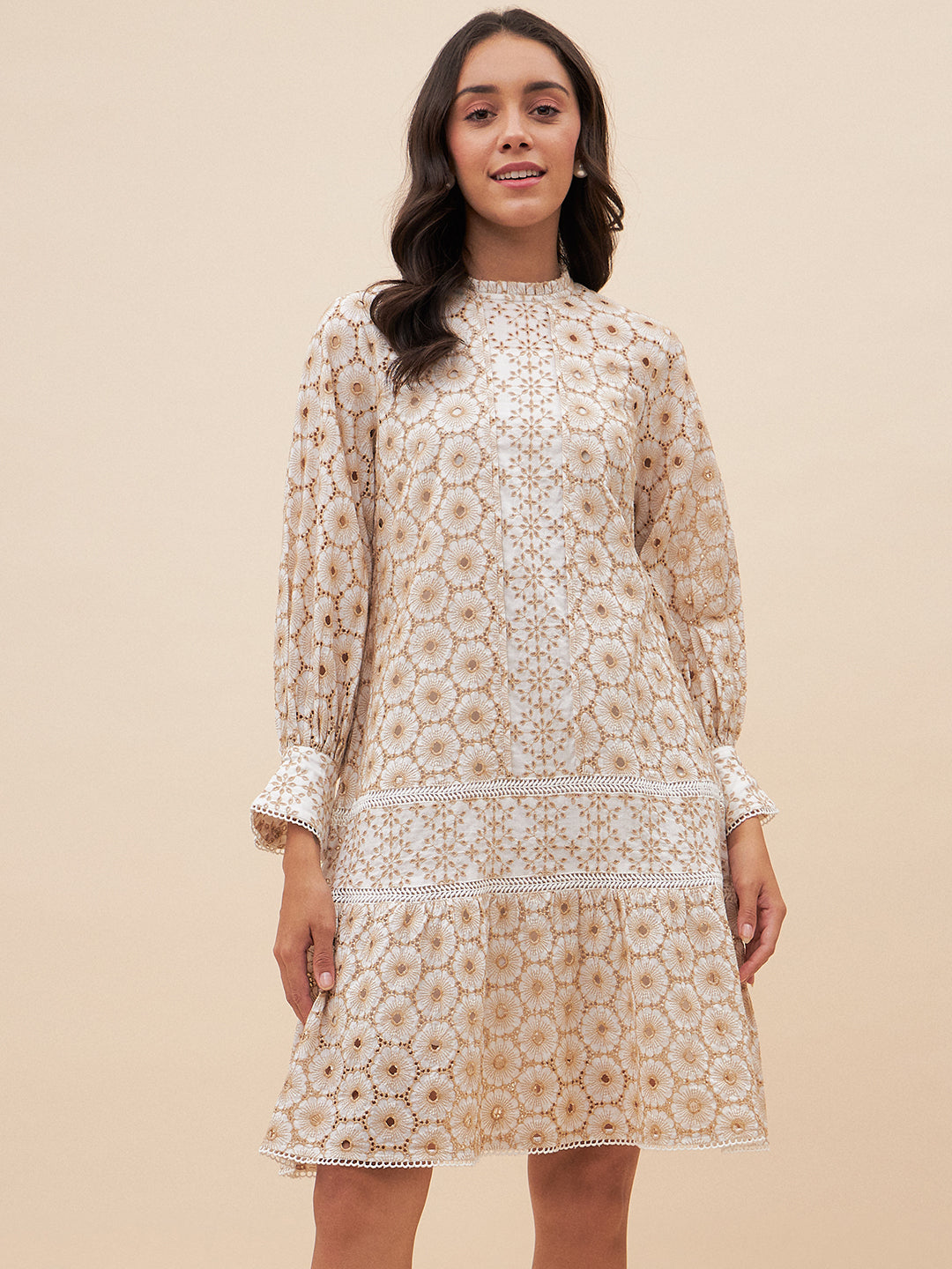Beige Schiffli A Line Knee Length Dress