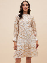 Beige Schiffli A Line Knee Length Dress