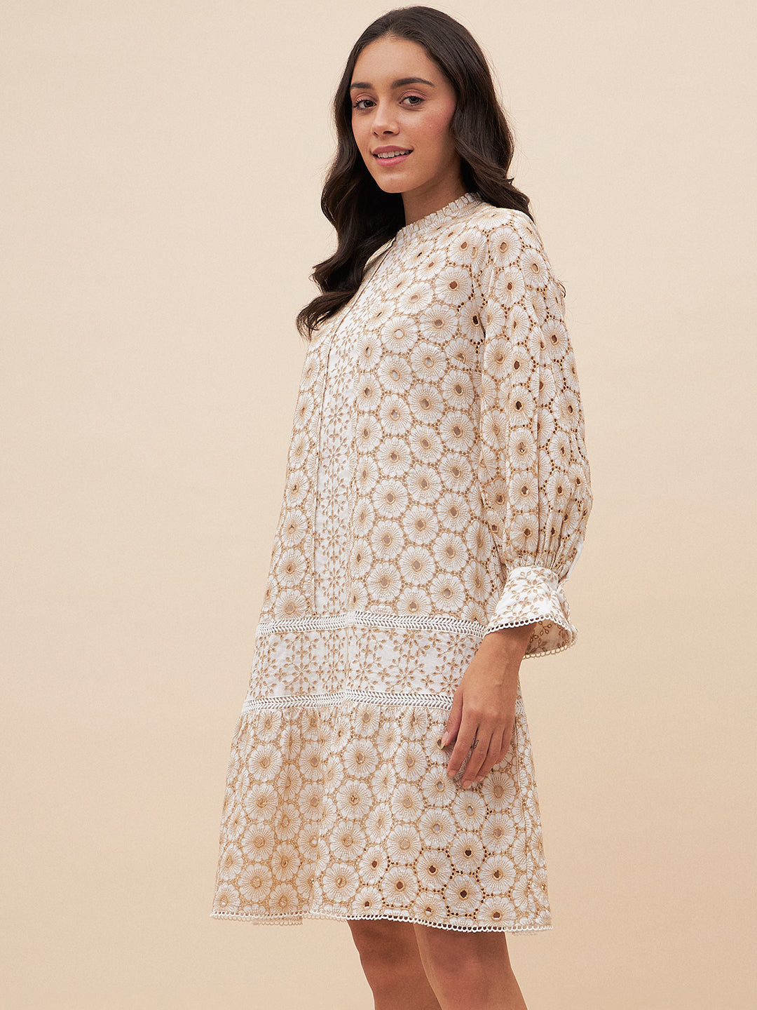 Beige Schiffli A Line Knee Length Dress