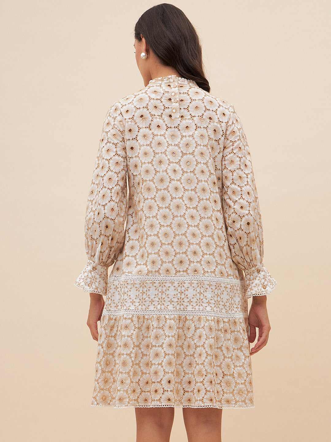 Beige Schiffli A Line Knee Length Dress