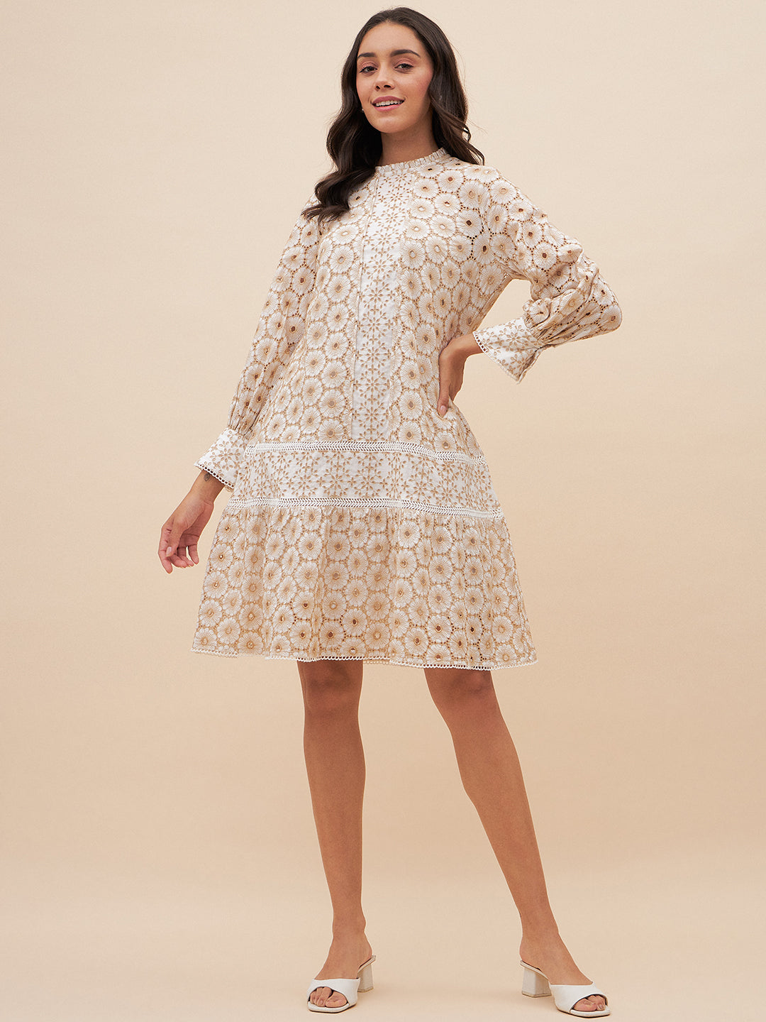 Beige Schiffli A Line Knee Length Dress