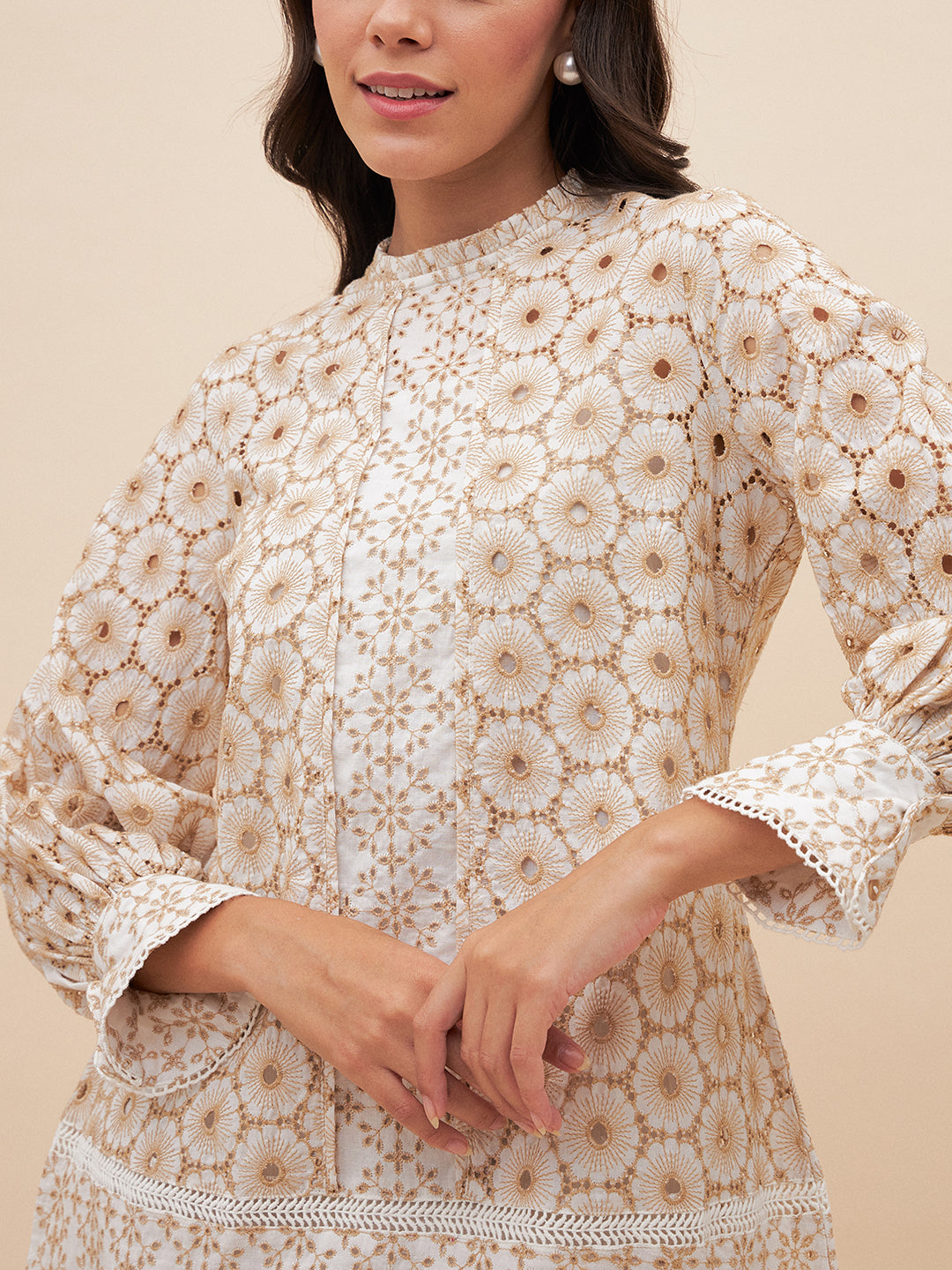Beige Schiffli A Line Knee Length Dress