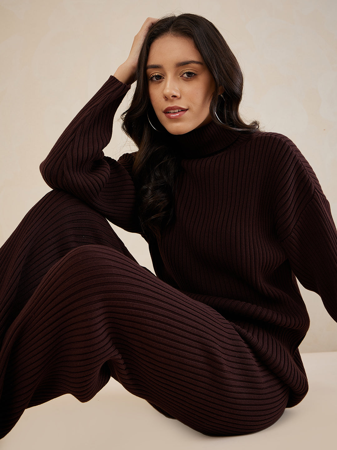 Brown Solid Highneck Co-Ord Set