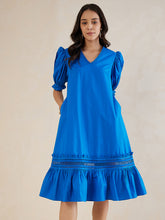 Blue Cotton Poplin Puff Sleeve Detail V Neck Midi Dress