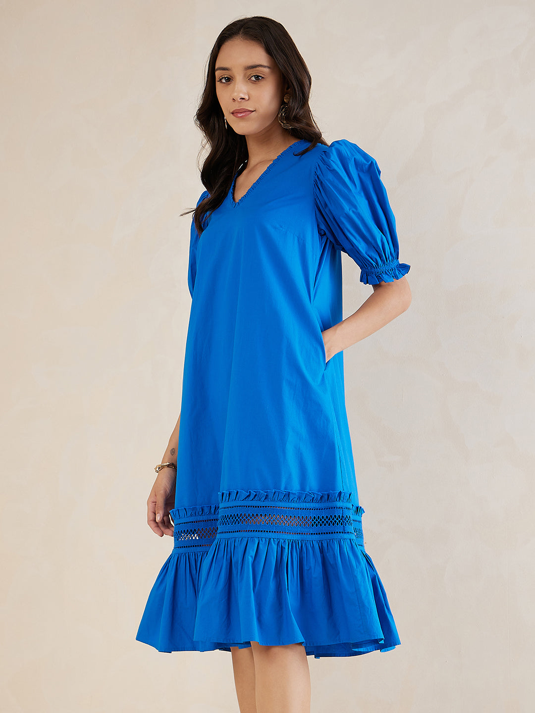 Blue Cotton Poplin Puff Sleeve Detail V Neck Midi Dress