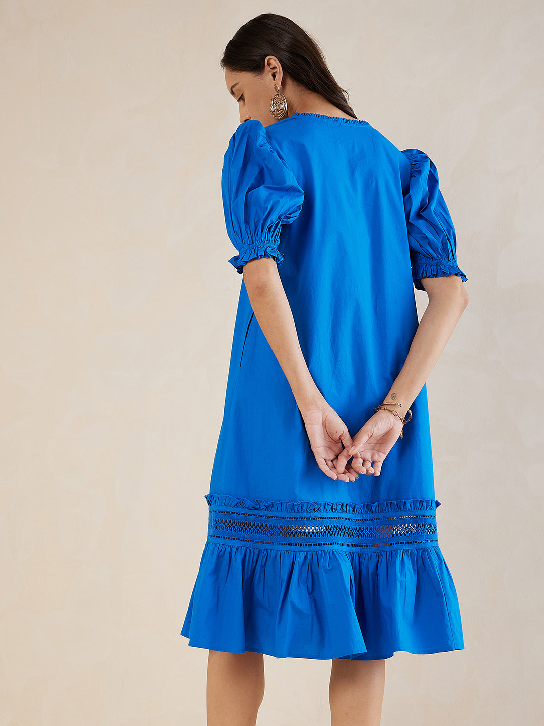 Blue Cotton Poplin Puff Sleeve Detail V Neck Midi Dress