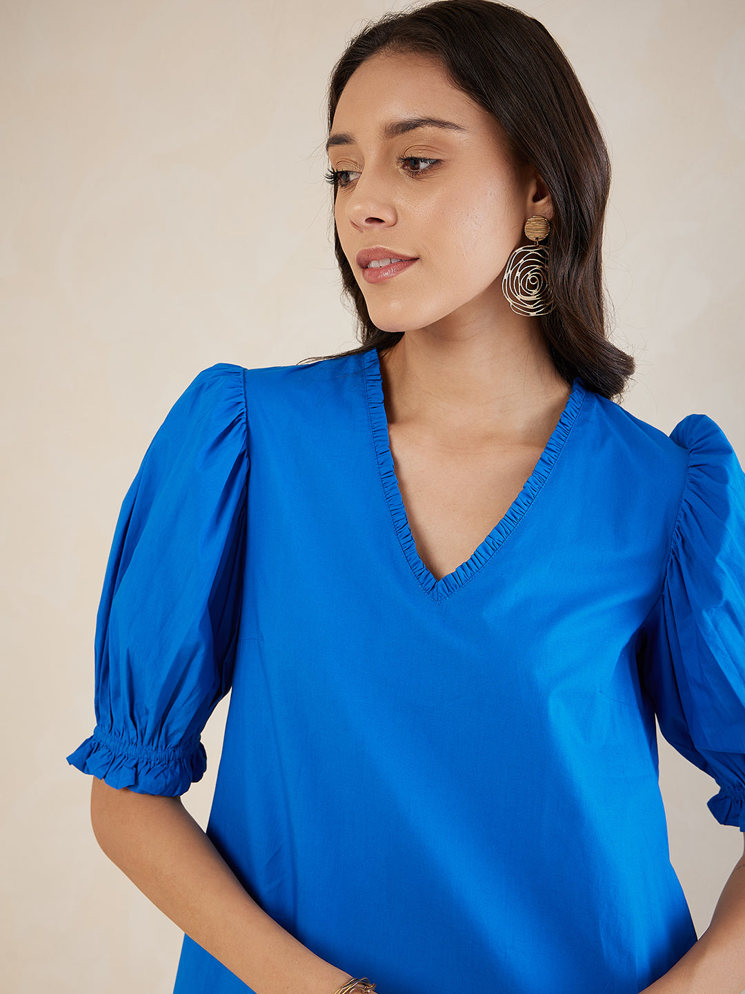 Blue Cotton Poplin Puff Sleeve Detail V Neck Midi Dress
