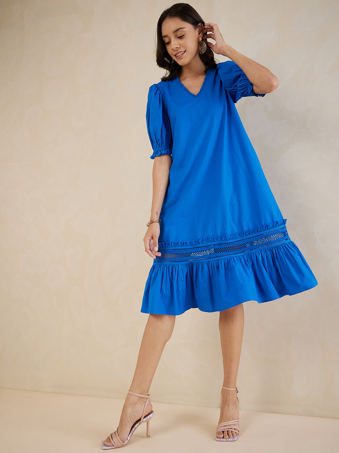 Blue Cotton Poplin Puff Sleeve Detail V Neck Midi Dress